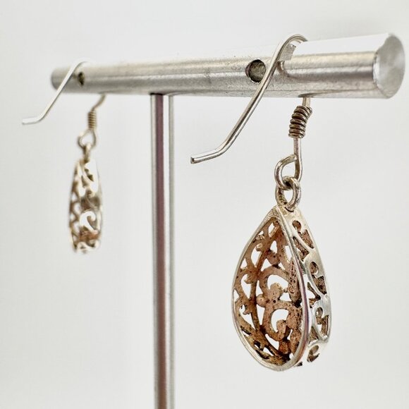 VTG Sterling Silver 925 Scroll Design Teardrop Dangle Earrings Size 1.25" Length - Picture 4 of 11